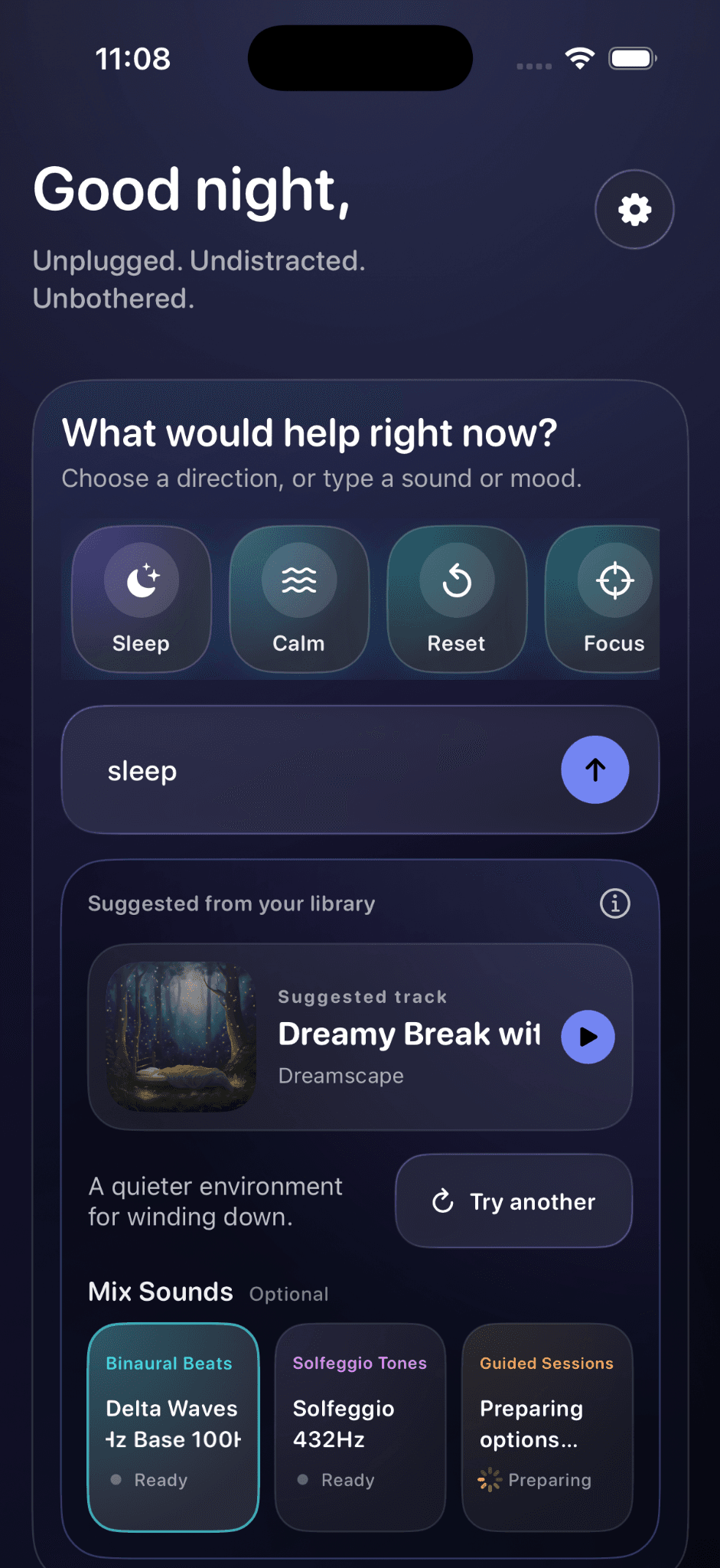 Quiet Harbour app home screen in English