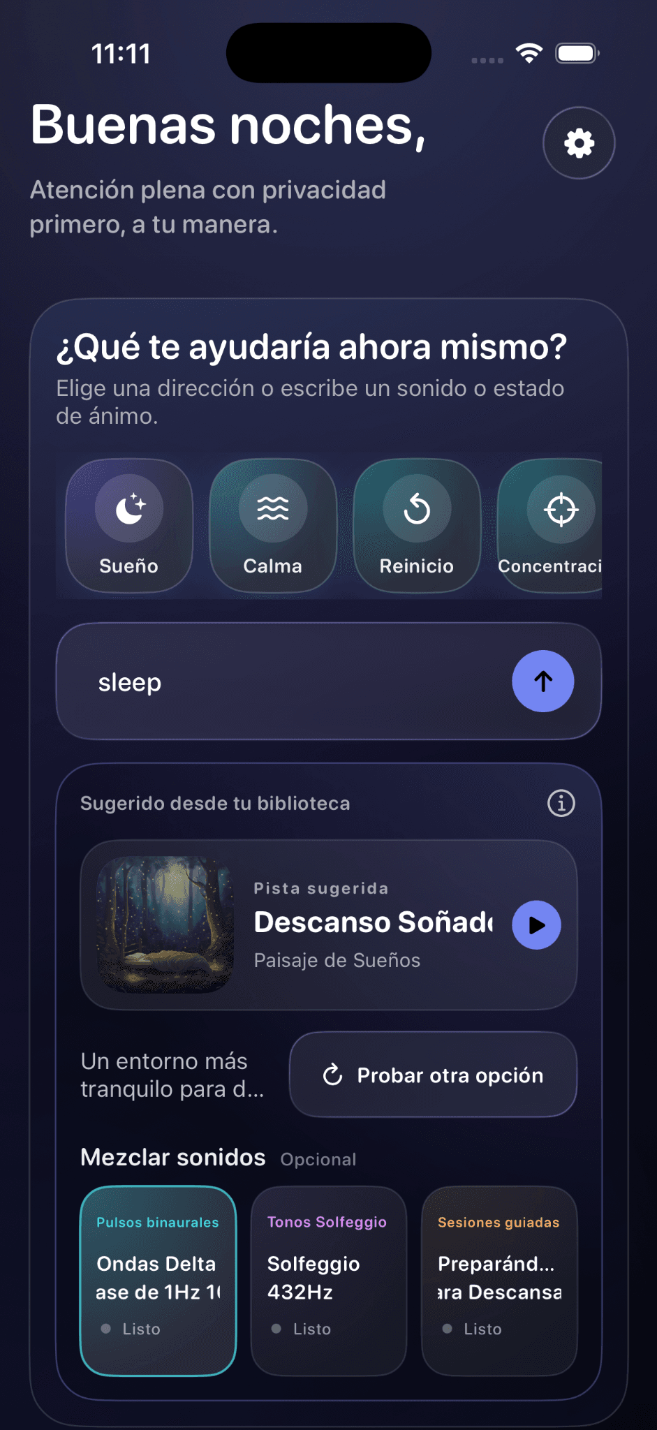 Quiet Harbour app home screen localized in Spanish